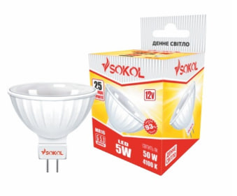 Світлодіодна LED лампа MR16 5W 3000K G5.3 220V SOKOL